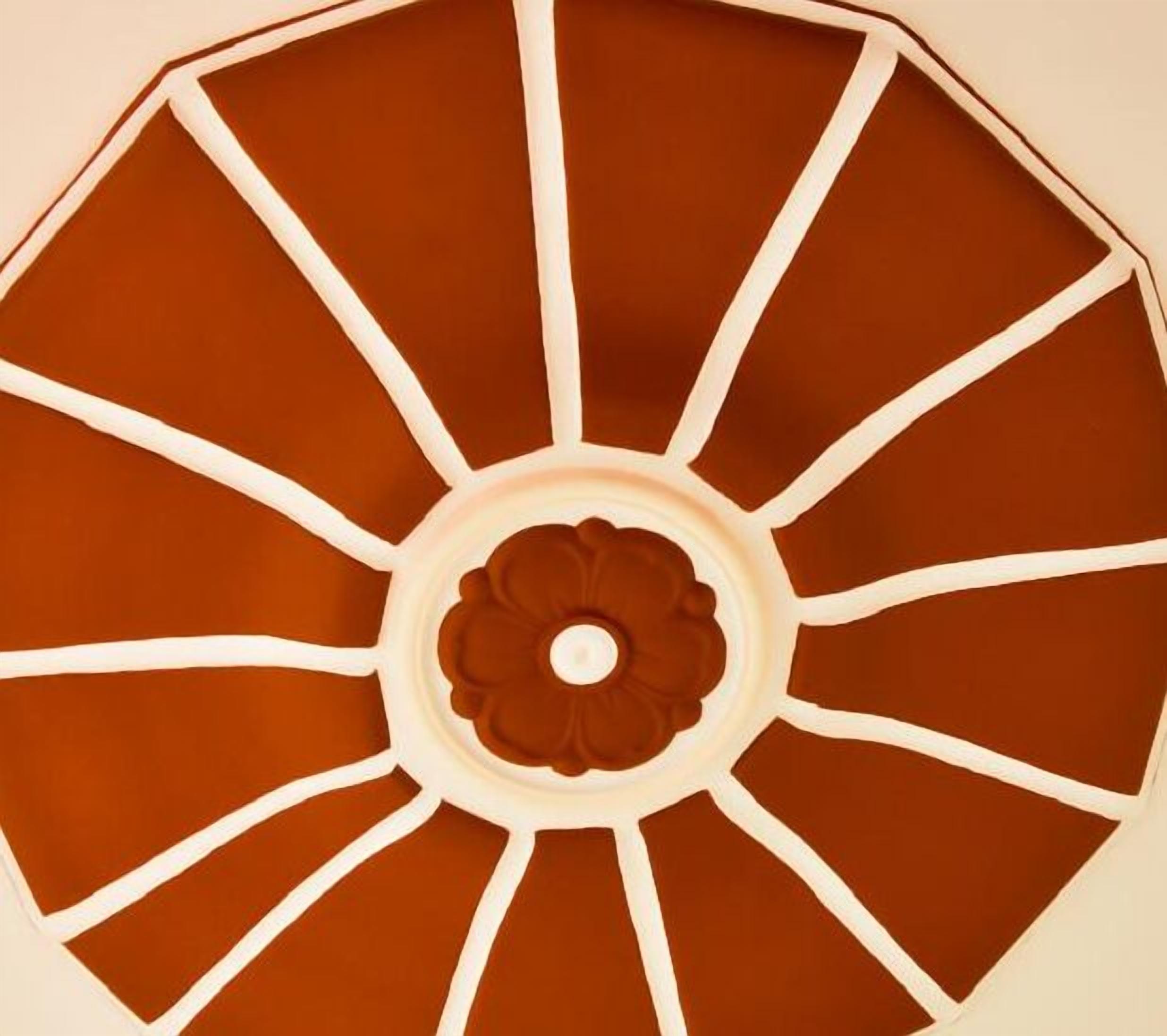 Techo con diseño circular que presenta un motivo floral central y líneas que irradian desde él.