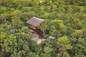 Un éco-lodge isolé, doté d’une structure à toit de chaume, d’une petite piscine et d’un escalier menant à l’entrée.