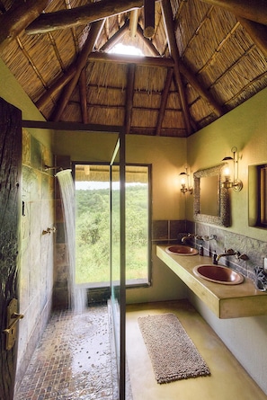 A bathroom with a shower, two sinks, a large mirror, and a view of the outdoors.