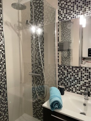 Douche, séchoir à cheveux, serviettes fournies, papier de toilette