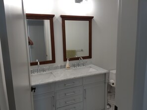 Combined shower/bathtub, hair dryer, towels, soap