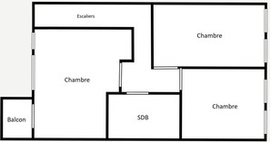 A floor plan with multiple rooms labeled 'Chambre' and 'Balcon'. - Apartment 6-8 pax, ski-in/ski-out, stove, garage (La Clusaz)