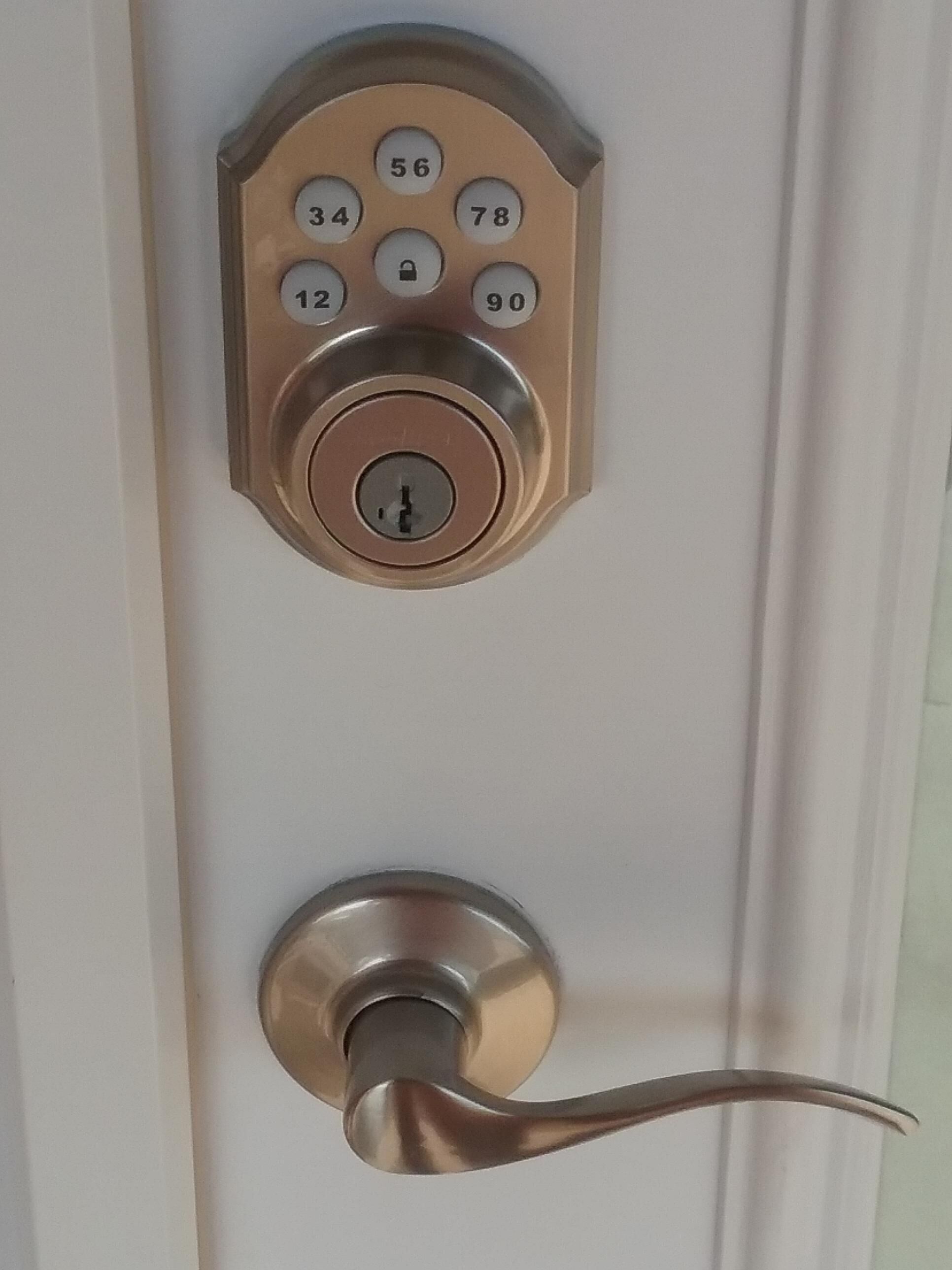 A door with a numeric keypad lock and a lever handle.