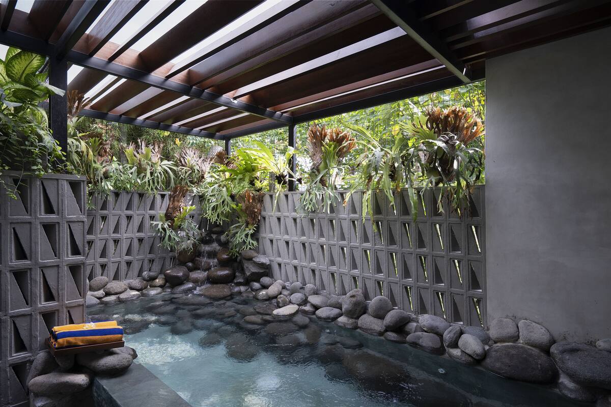 A tranquil garden with a small pond, wooden pergola, and lush tropical plants.