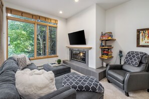 Smart TV, fireplace, DVD player, books