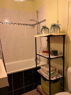 Séchoir à cheveux, serviettes fournies, savon, papier de toilette
