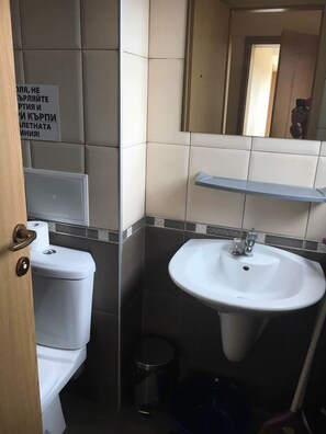 A bathroom with a toilet, sink, and a trash bin.
