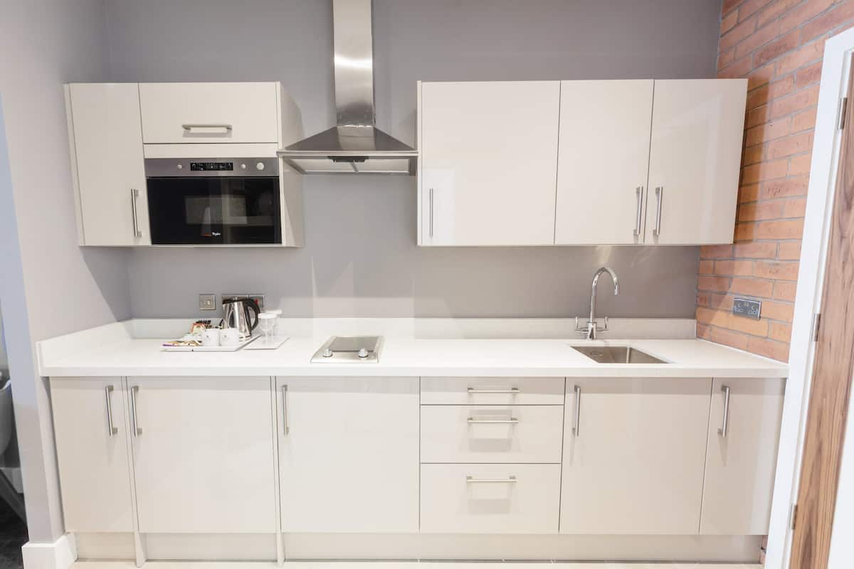 deluxe suite, 1 bedroom, 1 king, sofa bed, kitchenette | private kitchen | fridge, microwave, electric kettle