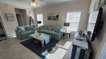 Smart TV, DVD player, books, video library