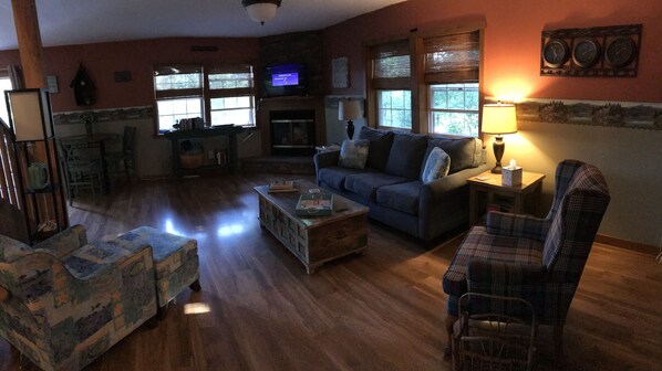 Smart TV, fireplace, video games, DVD player