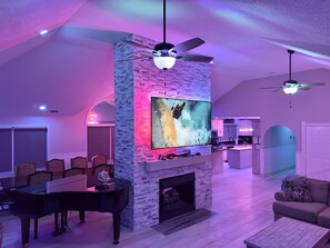 TV connectée, cheminée, jeux vidéo, lecteur de DVD