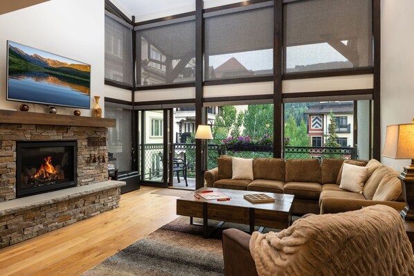 Televisión, chimenea y libros 