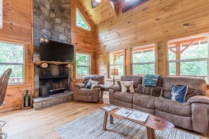 Smart-TV, peis, DVD-spiller og bøker