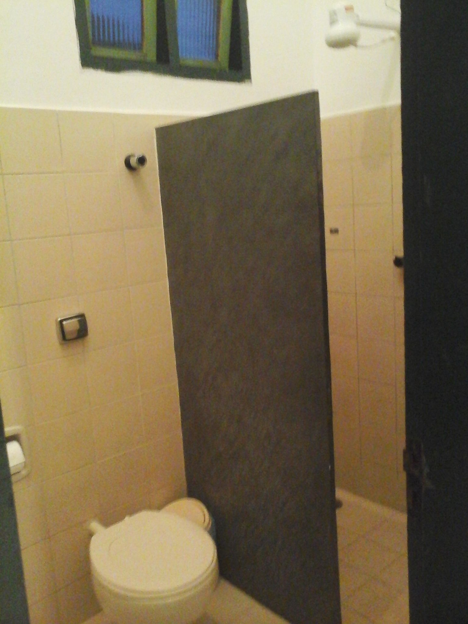A small bathroom with a toilet, a towel rack, and a mirror.