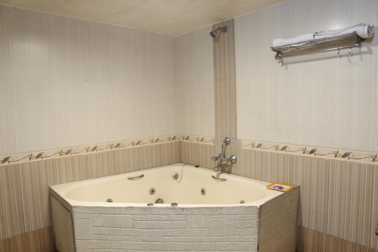 A bathroom with a freestanding bathtub, a showerhead, and a towel rack.
