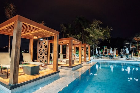 Outdoor pool, sun loungers