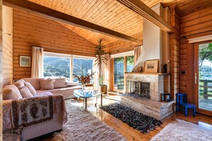 Chalet, 3 Bedrooms | Living area | 43-inch Smart TV with digital channels, fireplace, Netflix - Luxury Chalet Vila with amazing view (Kalavrita)