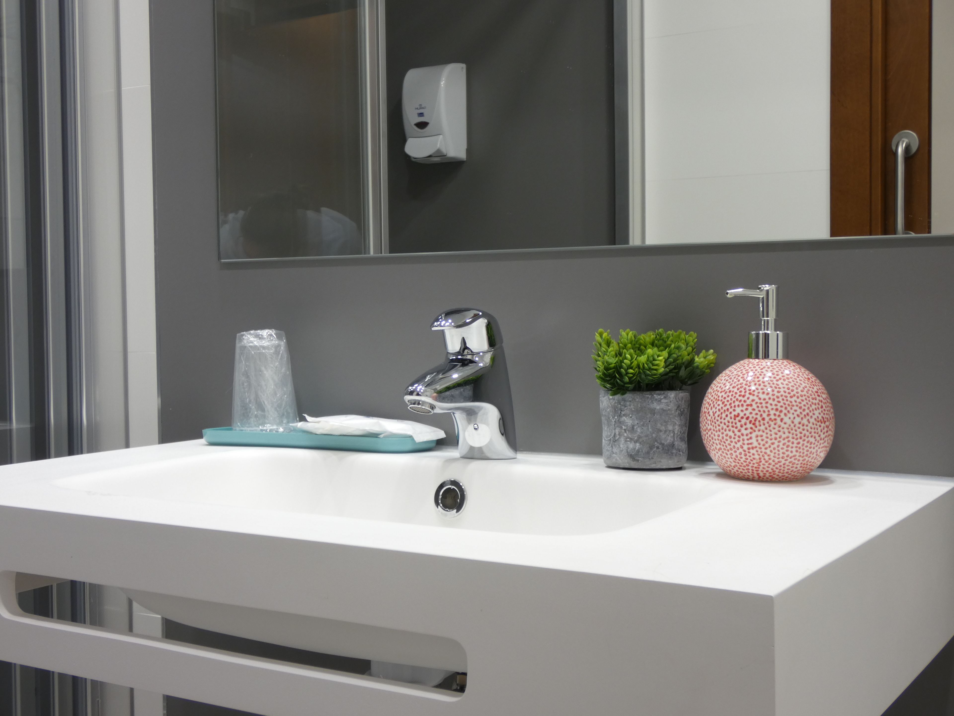 Un baño moderno con un lavamanos blanco, un espejo, un grifo, un dispensador de jabón, un vaso y una planta en maceta.