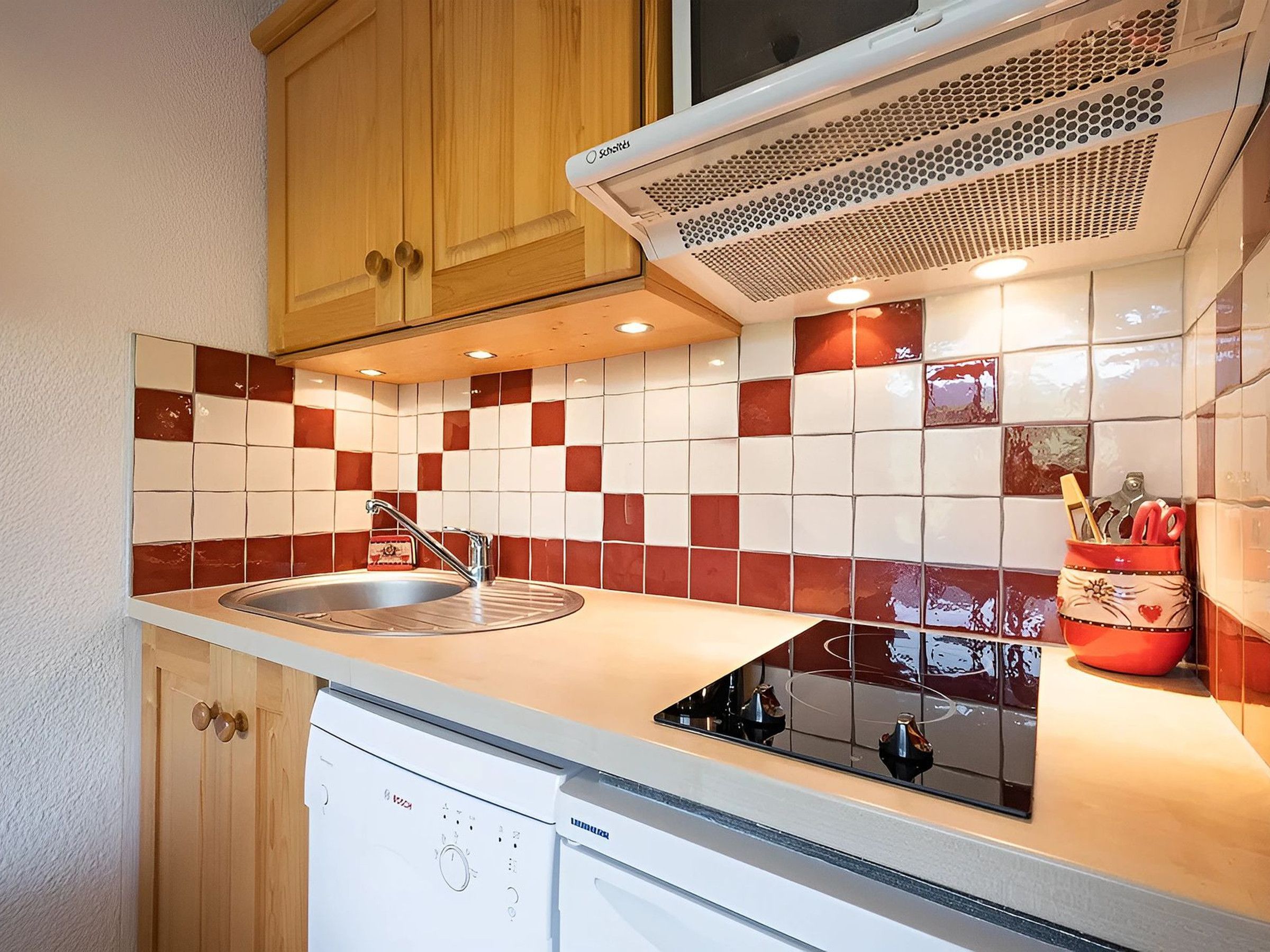 A compact kitchen with a sink, a dishwasher, and a microwave.