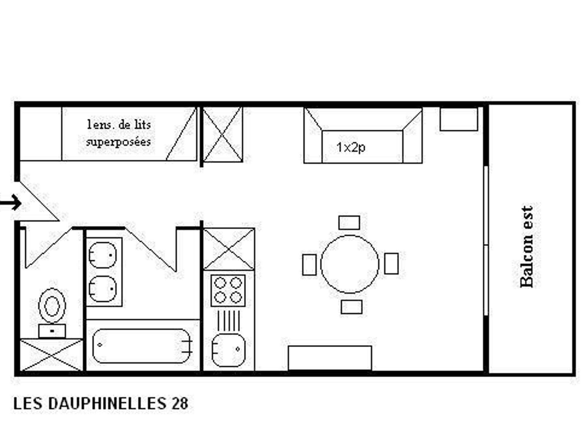 Planta baixa de um quarto de hotel com a identificação 'LES DAUPHINELLES 28', varanda, lente sobreposta, quarto 1x2p e área de refeições.
