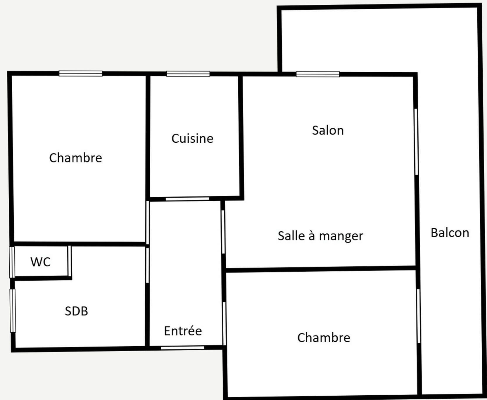 A floor plan with a living room, kitchen, dining area, two bedrooms, a bathroom, a balcony, and a, a WC.