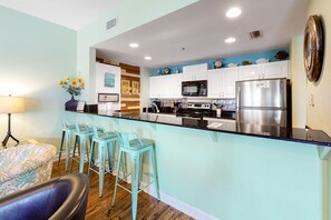 Fridge, microwave, oven, stovetop - Updated, waterfront condo with Gulf views, indoor/outdoor pools, sauna & gym (Fort Morgan)