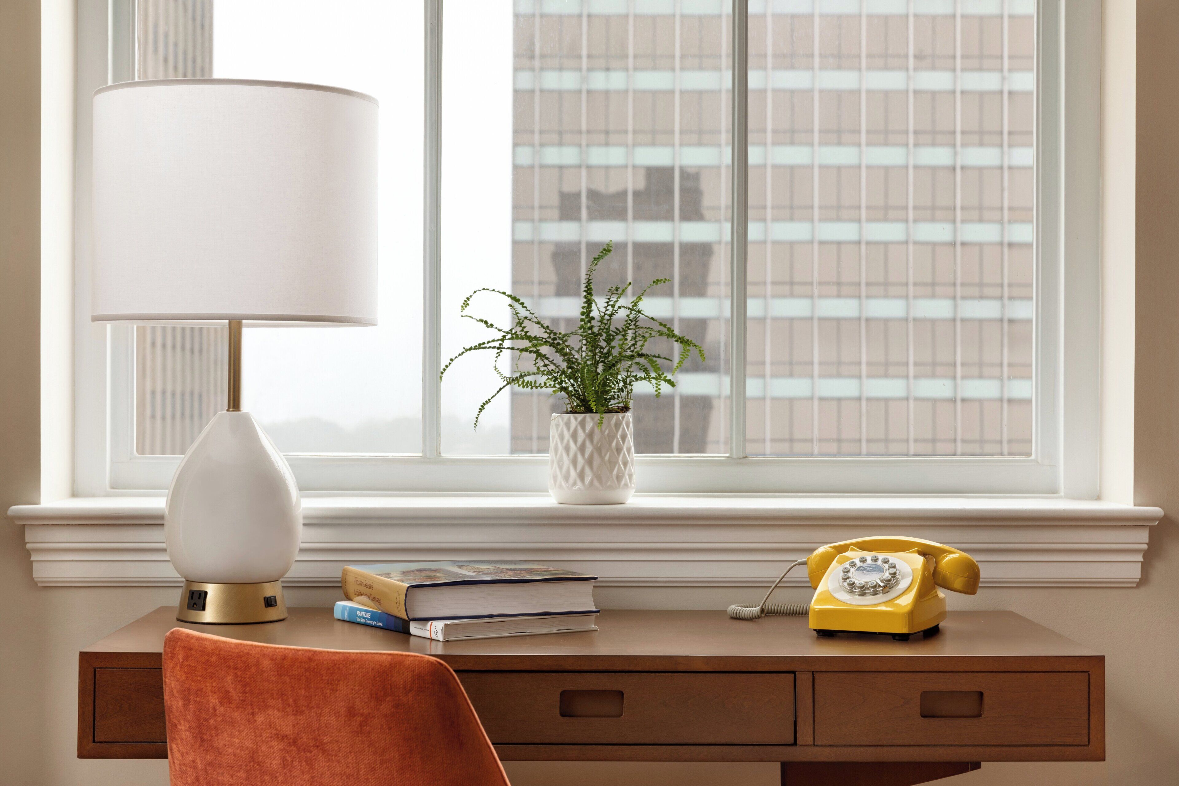 A desk with a lamp, a potted plant, a telephone, and books.