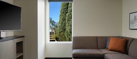 A modern living room with a grey sofa, a flat-screen TV, a window with a view of trees, and a framed picture on the wall.