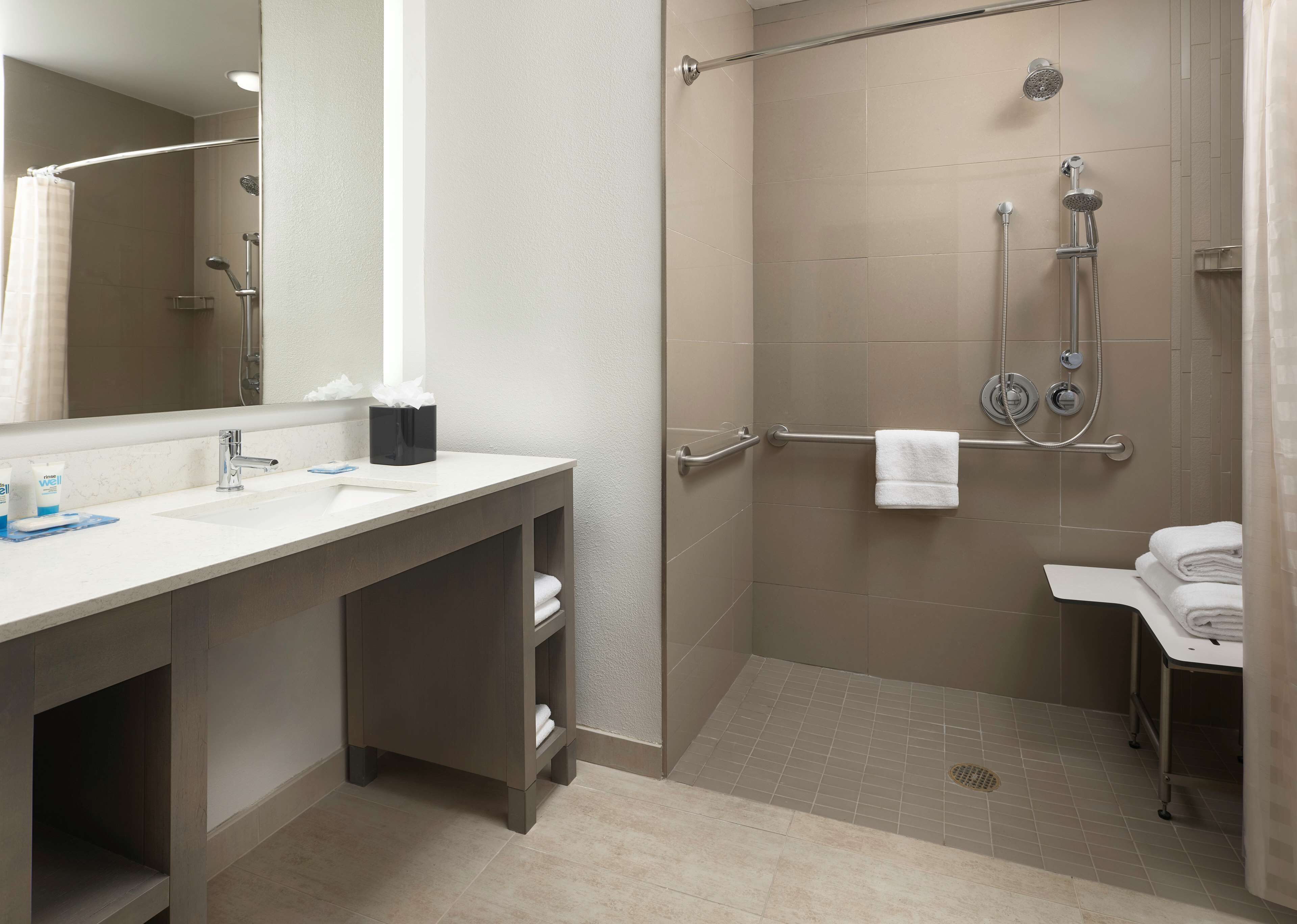 hair dryer, towels, soap, shampoo