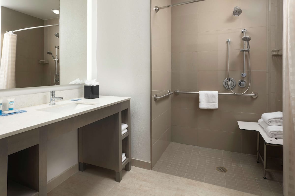 hair dryer, towels, soap, shampoo