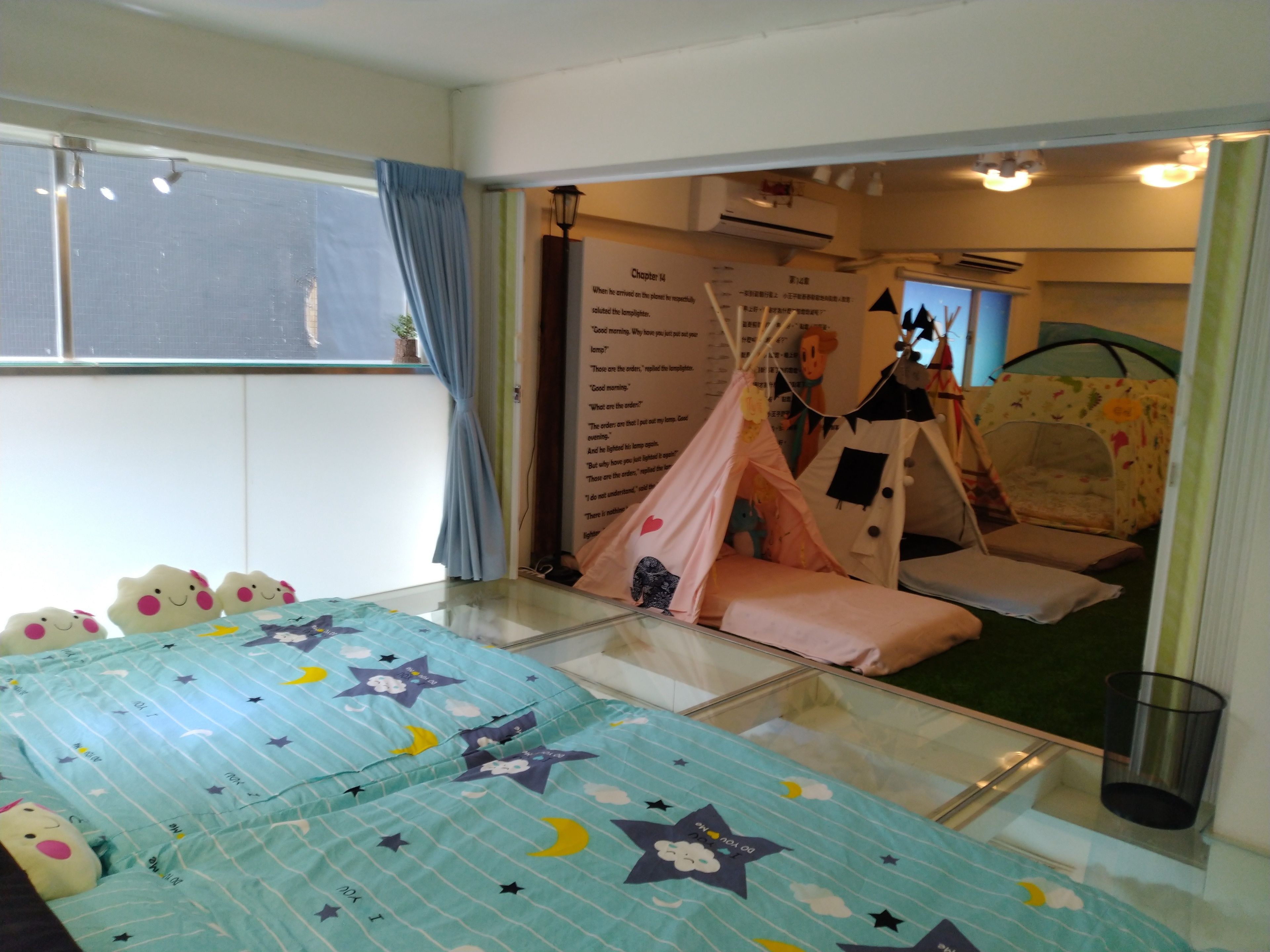 Individually decorated, desk, laptop workspace, blackout curtains