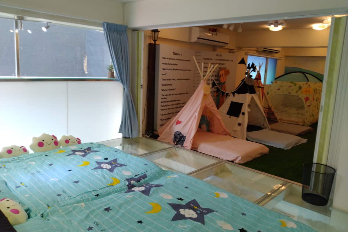 Individually decorated, desk, laptop workspace, blackout curtains