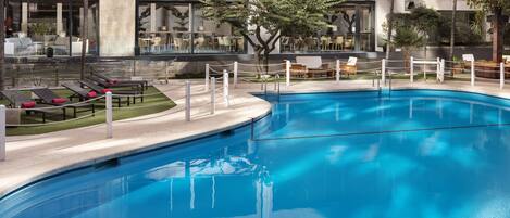 Seasonal outdoor pool, open noon to 8:00 PM, sun loungers