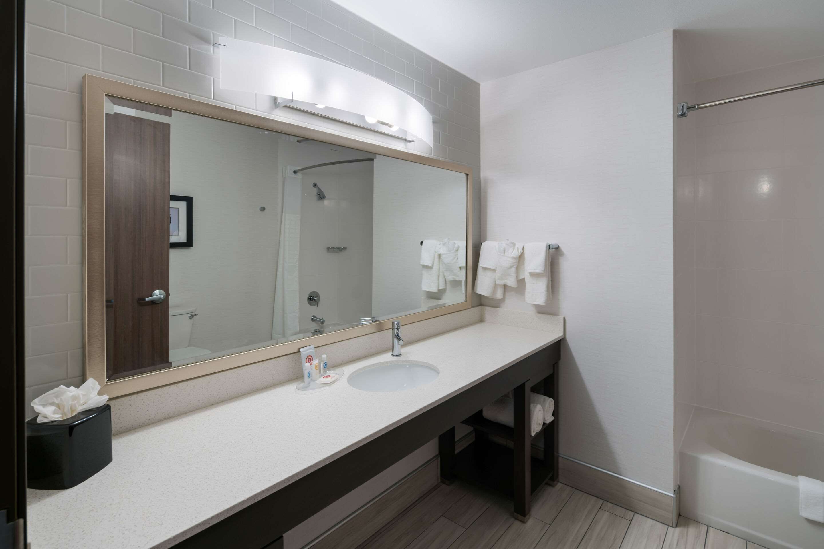 Een moderne badkamer met een grote spiegel, twee wastafels en een douche.