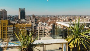 A cityscape with high-rise buildings, a clear sky, and a balcony with potted plants. - Premium Tower Suites (Mendoza)