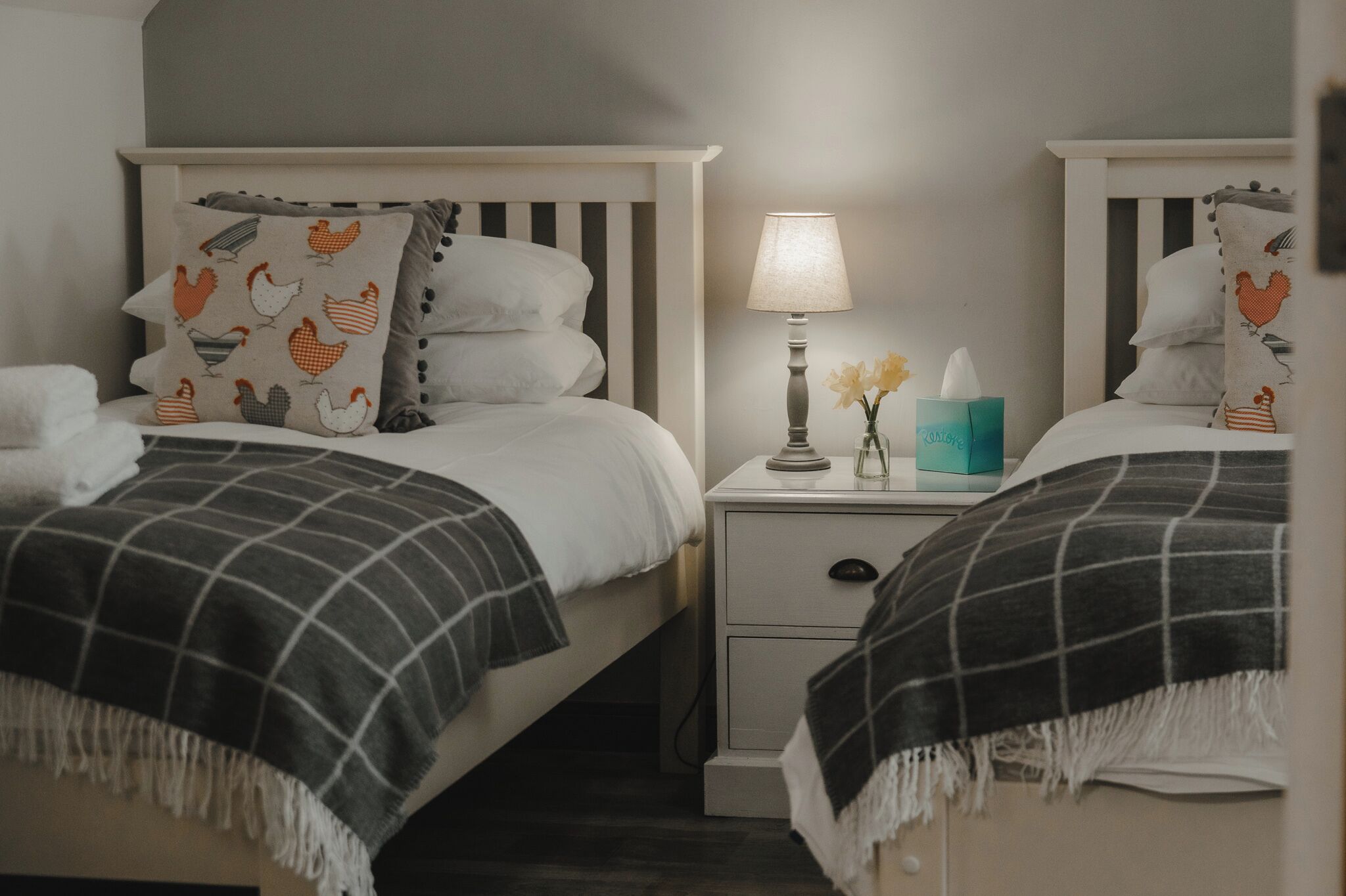 A twin bedroom with two beds, each with a striped headboard, a bedside table with a lamp, and decorative pillows.