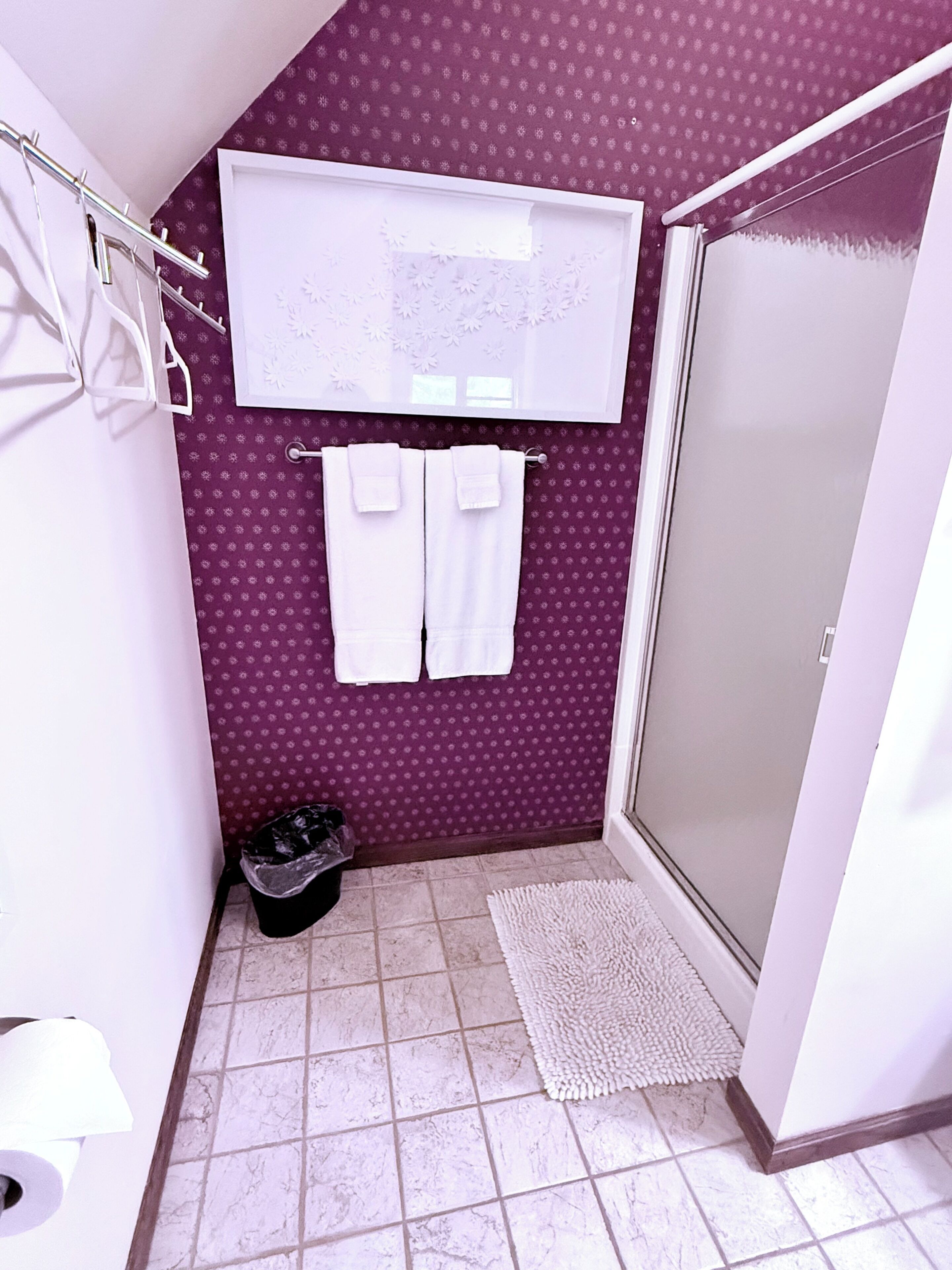 A bathroom with a shower, a towel rack with two towels, a trash bin, and a textured mat on the floor.