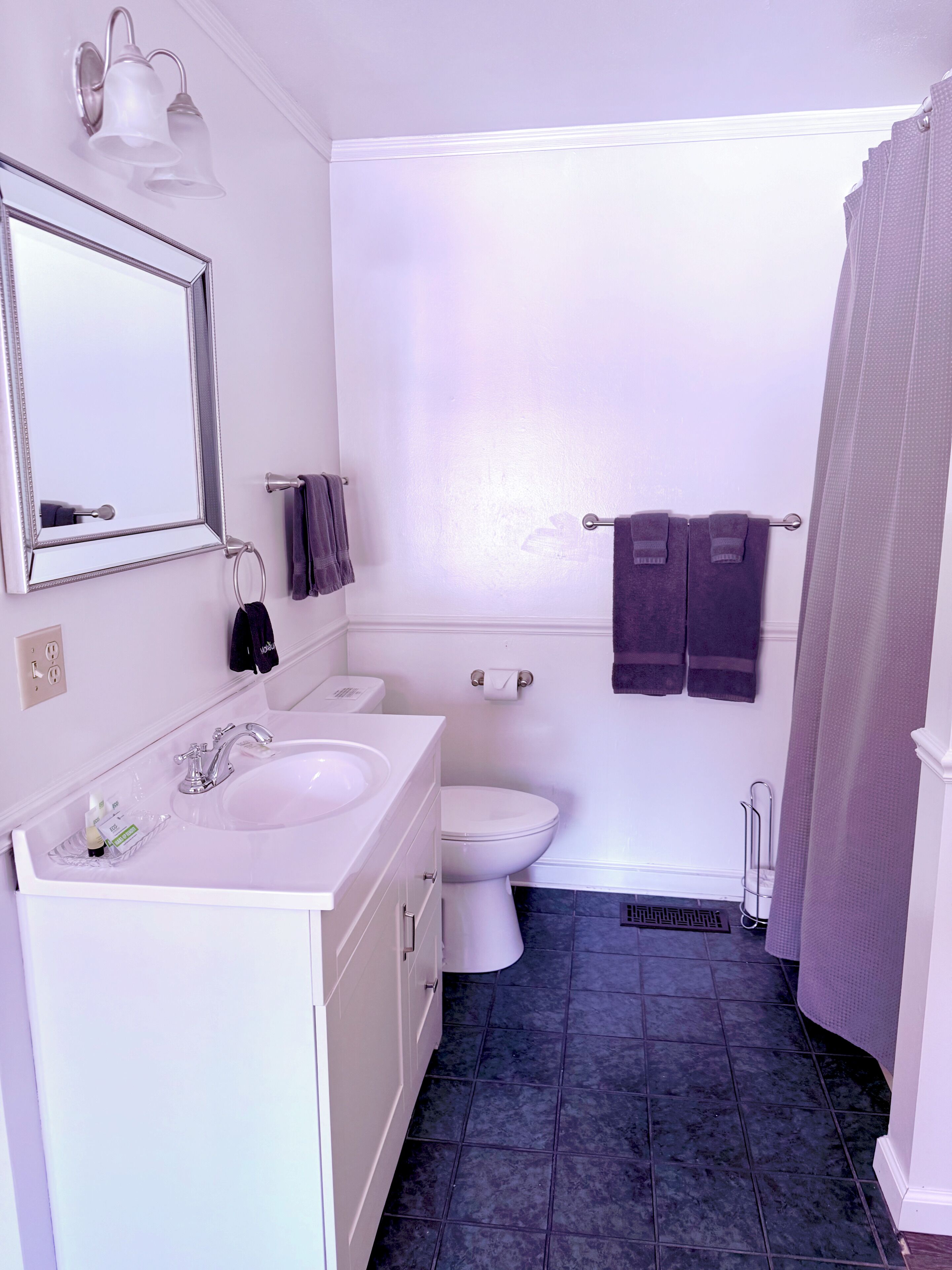 A bathroom with a white sink, a toilet, and a shower curtain. There are two towels hanging on the wall.