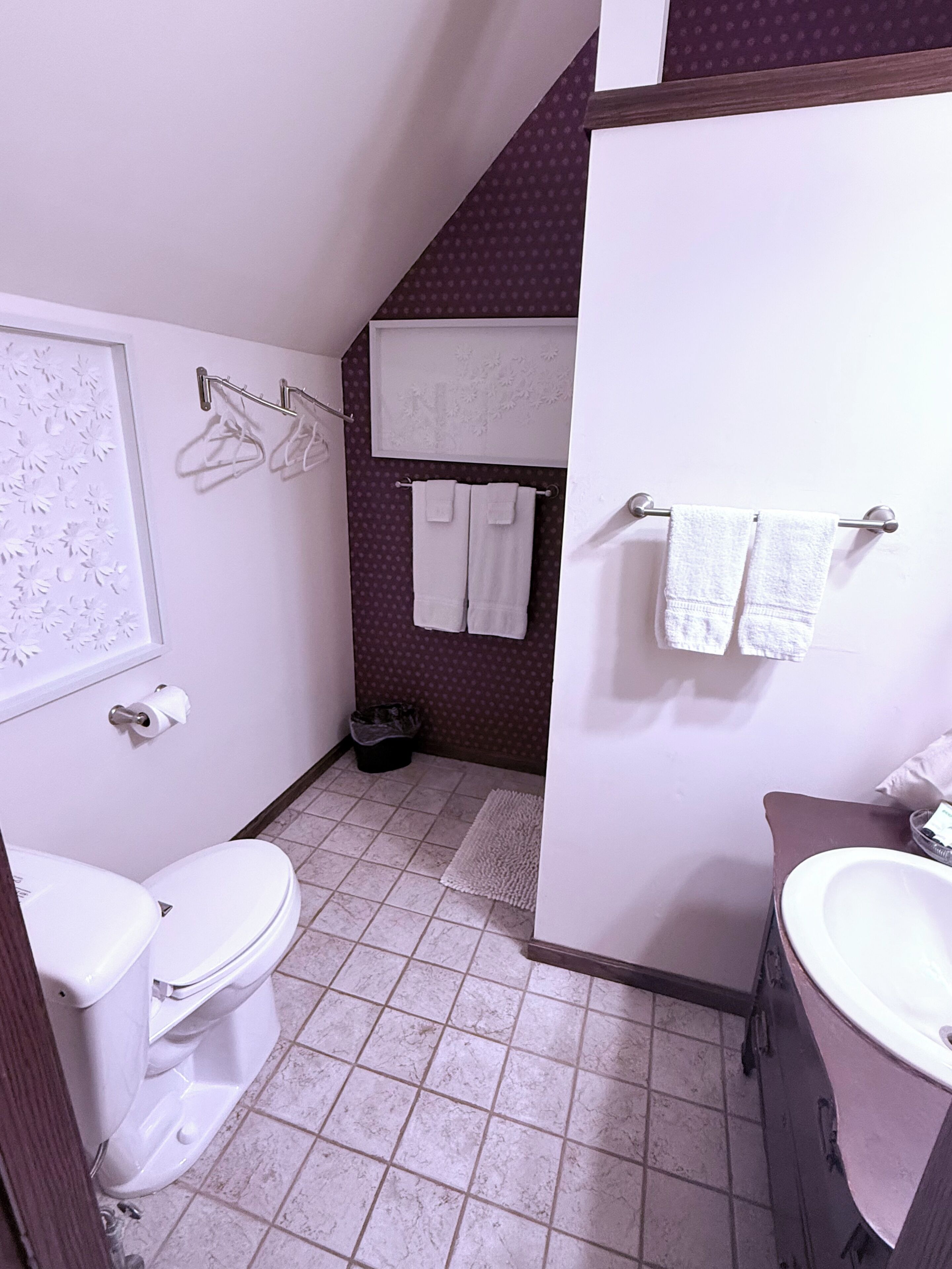 A bathroom with a toilet, sink, and towel rack.