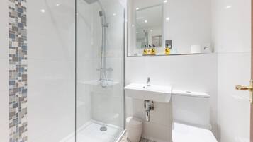 Un baño moderno con ducha envuelta en vidrio, un lavamanos blanco y un inodoro.
