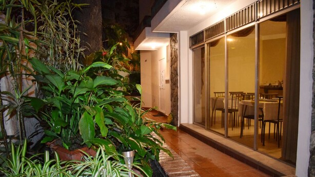 Un espace extérieur bien éclairé, agrémenté de plantes en pot et d’une terrasse avec des chaises et des tables.