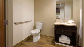 A bathroom with a toilet, sink, and mirror.