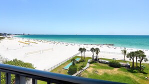 A beach with a pool, palm trees, and a clear blue sky. - 🌞 Caprice Resort Unit #502 – Renovated Gulf Front Escape for Four Guests (St Pete Beach)