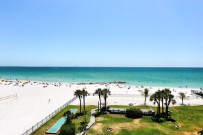 A beach with a pool, palm trees, and a clear sky.