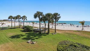 A beach with palm trees, a grassy area, and a view of the ocean.