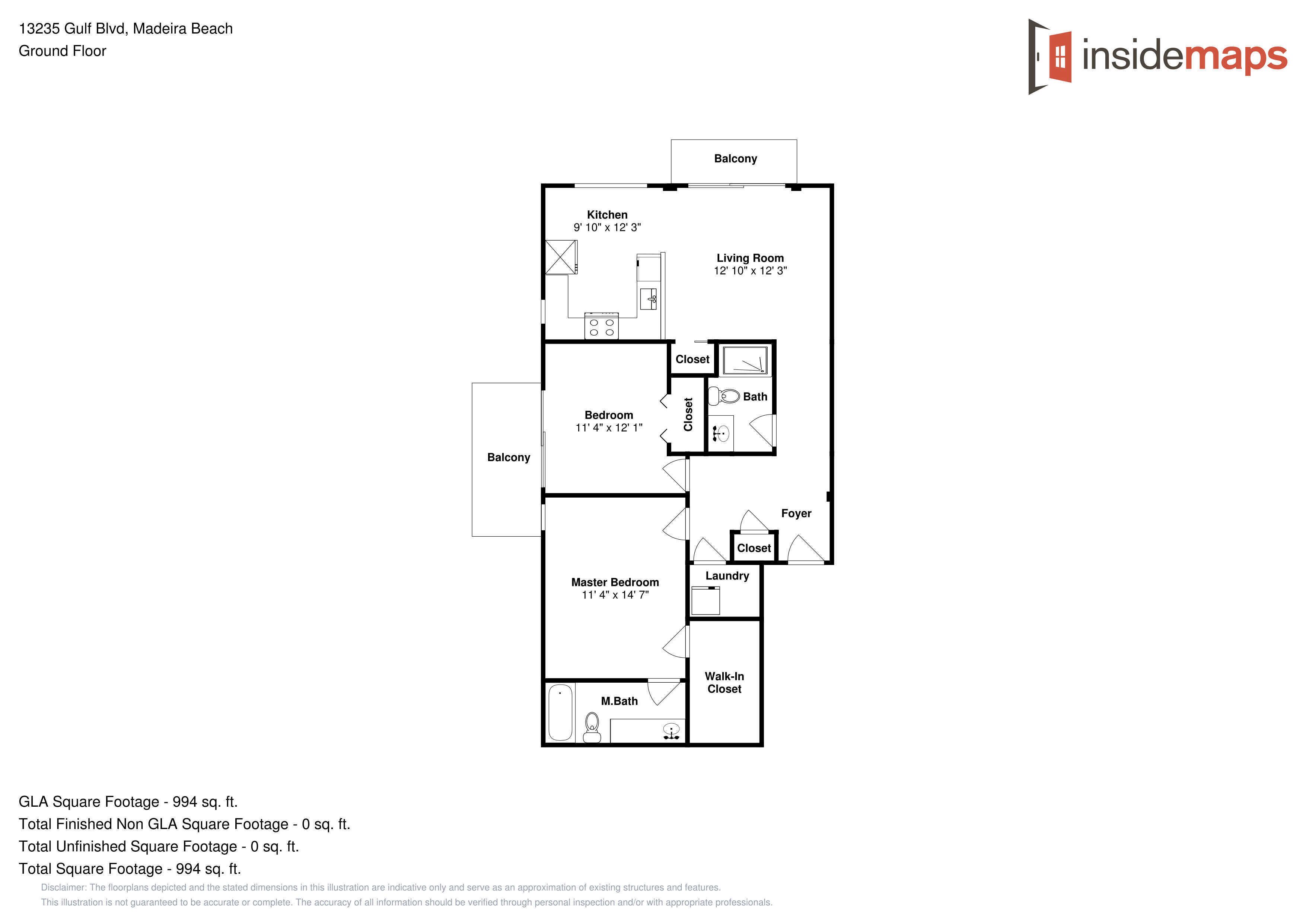A floor plan of a ground floor apartment at 13235 Gulf Blvd, Madeira Beach, including a kitchen, living room, master bedroom, master bathroom, and balcony.