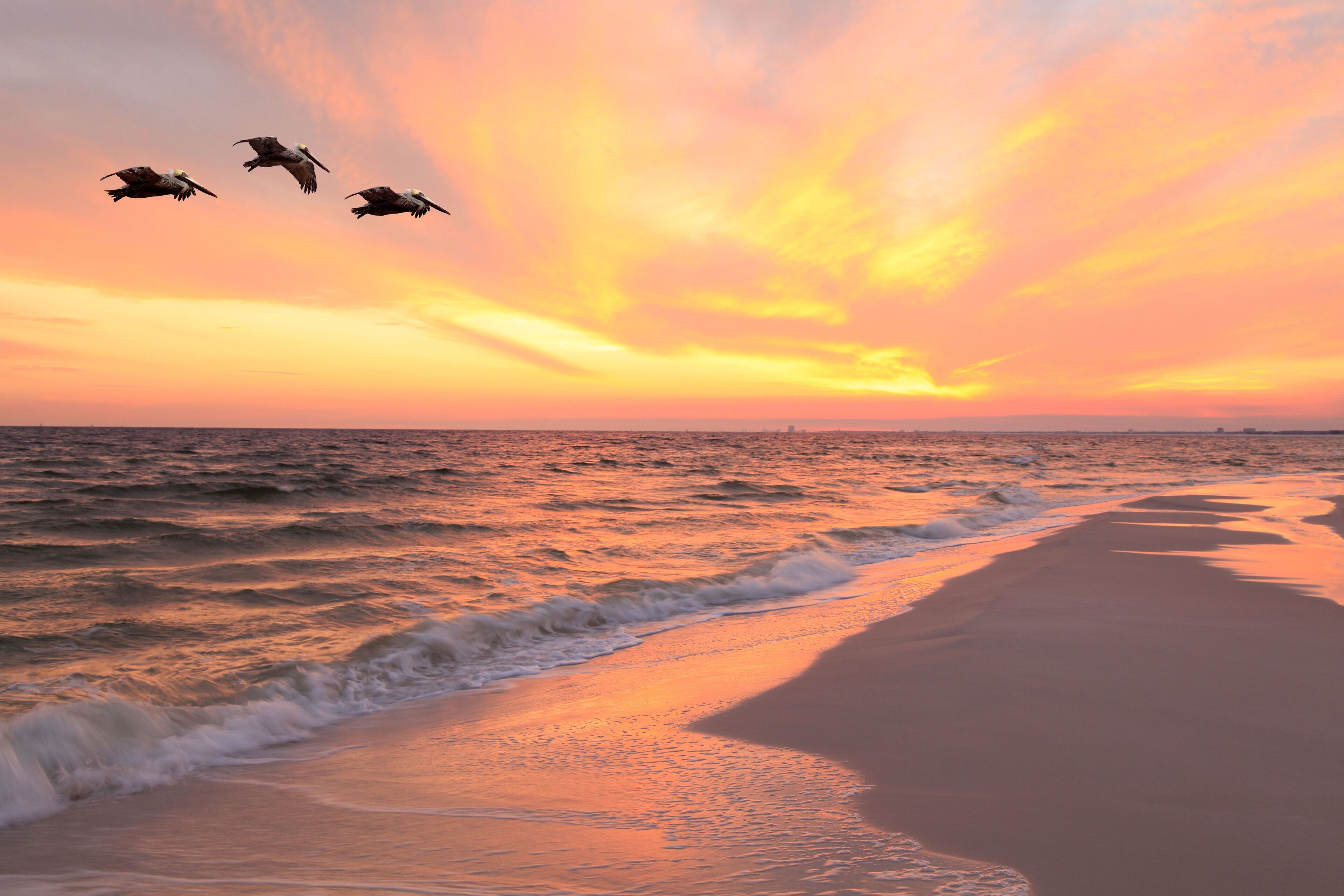 A beach with waves and a sunset.