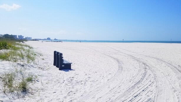 A sandy beach with a bench and tire tracks, a clear sky, and distant buildings.