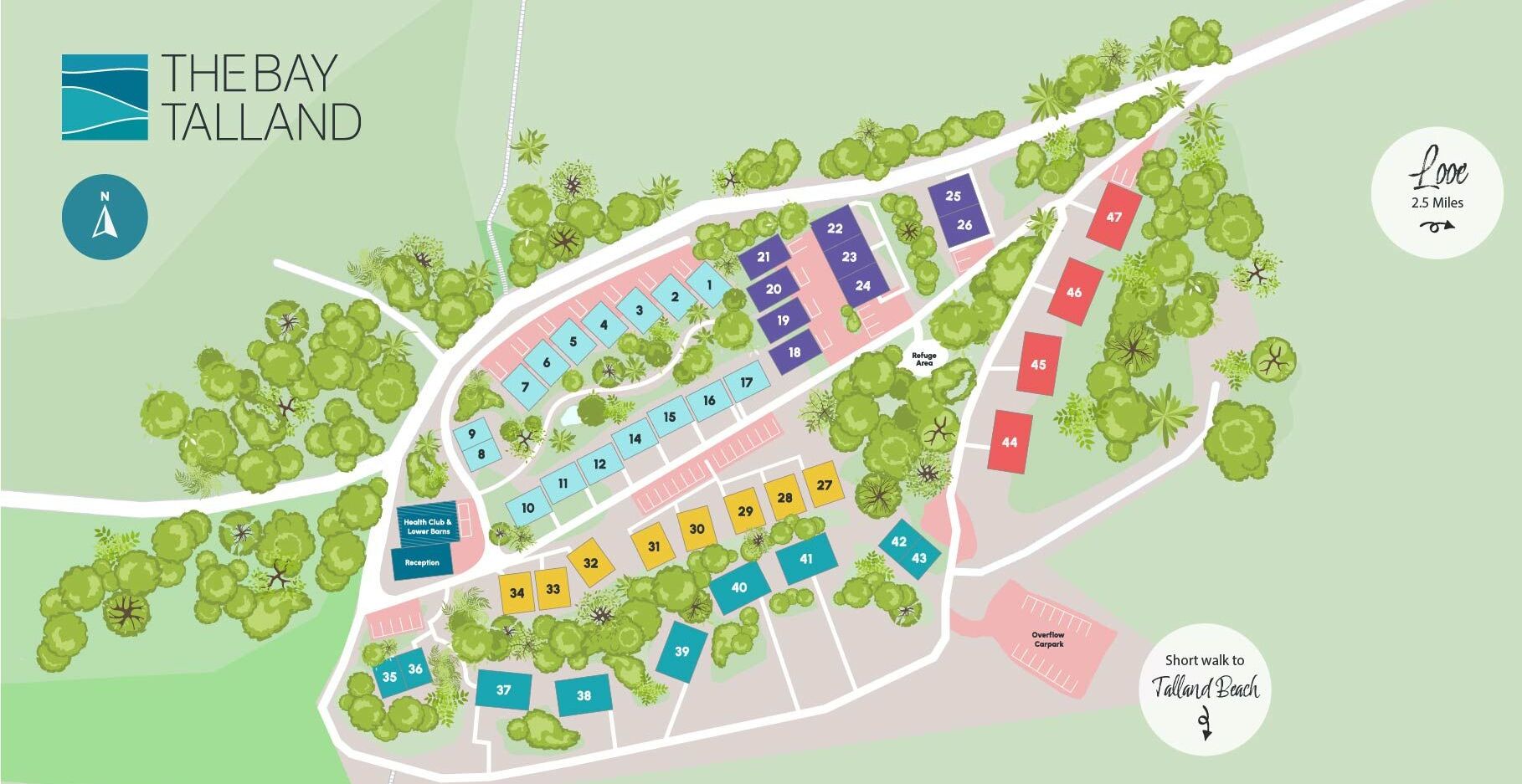 Un complexe hôtelier comprenant des bâtiments numérotés, un club de remise en forme, une réception et un parking.