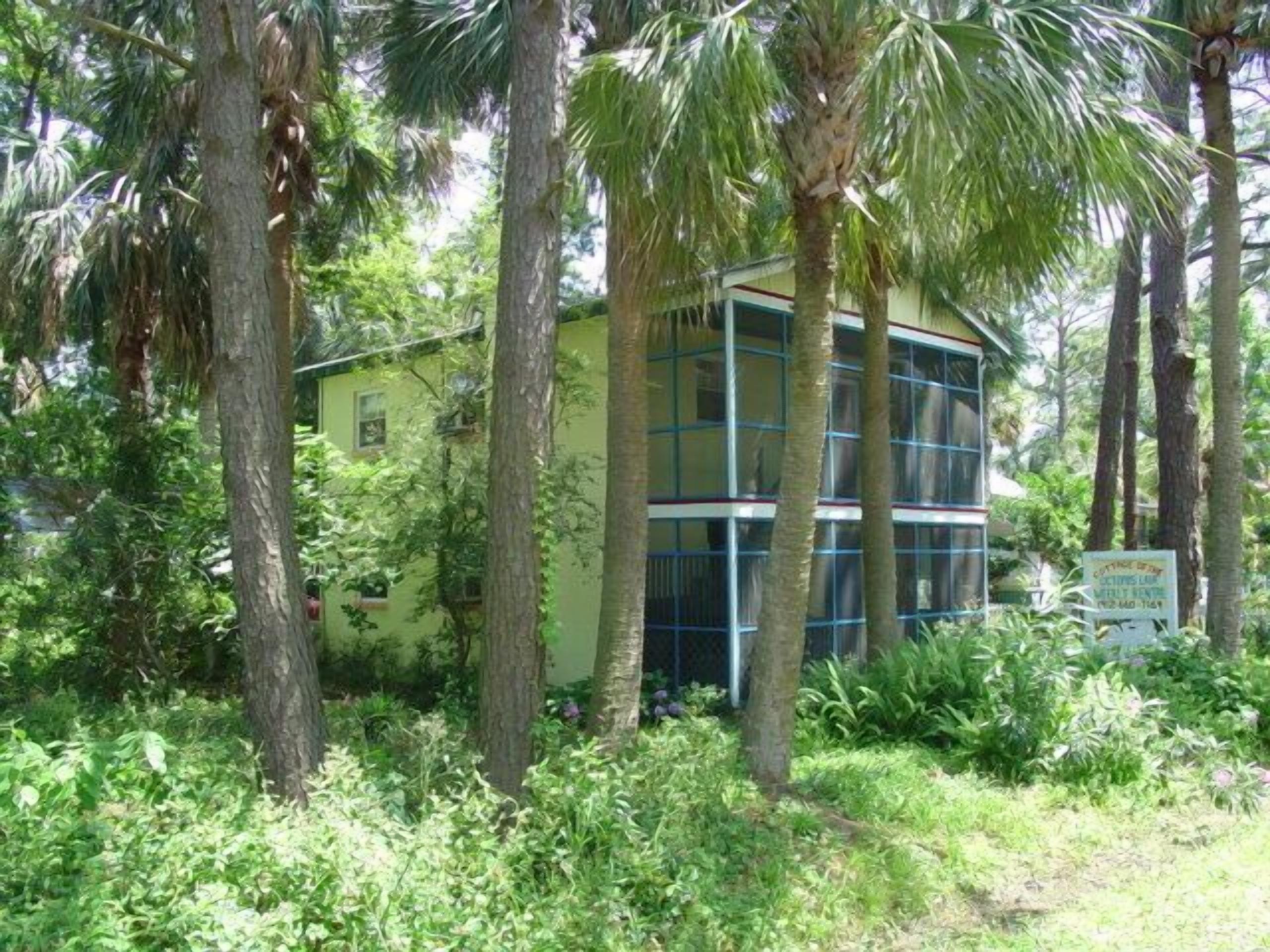 A two-story building surrounded by dense vegetation and palm trees.